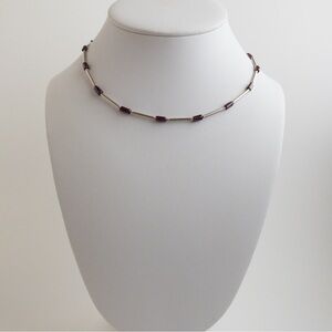 Modernist Sterling Silver Red Garnet Stone and Tube Bar Link Chain Necklace 925